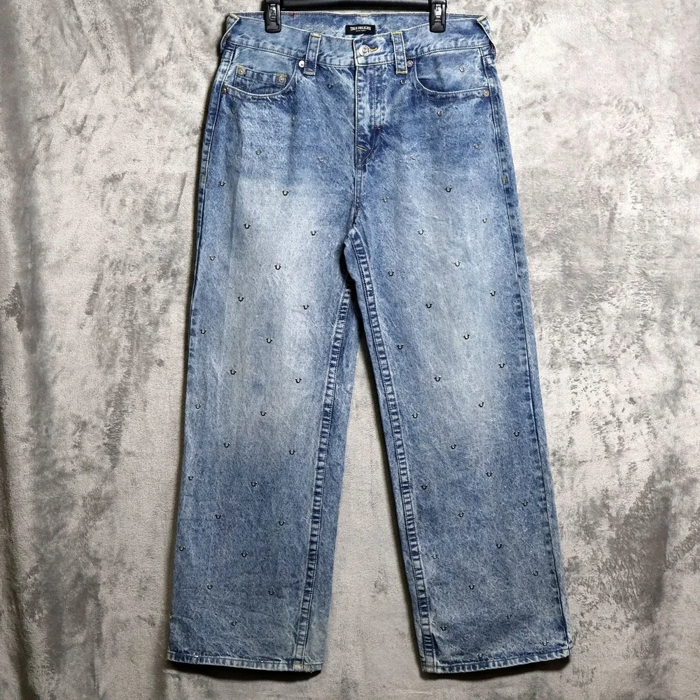 True Religion Jeans Mens 34x32 Blue Vinny Baggy All Over Logo Wide Leg Skater
